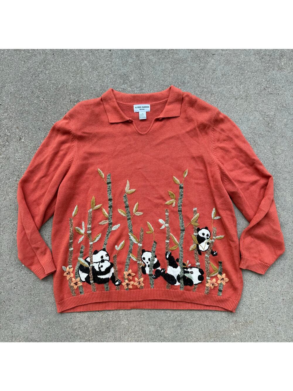 Vintage 90s Alfred Dunner Zoo Pandas Bamboo Zoo Cute Pumpkin V Neck Sweater 3X